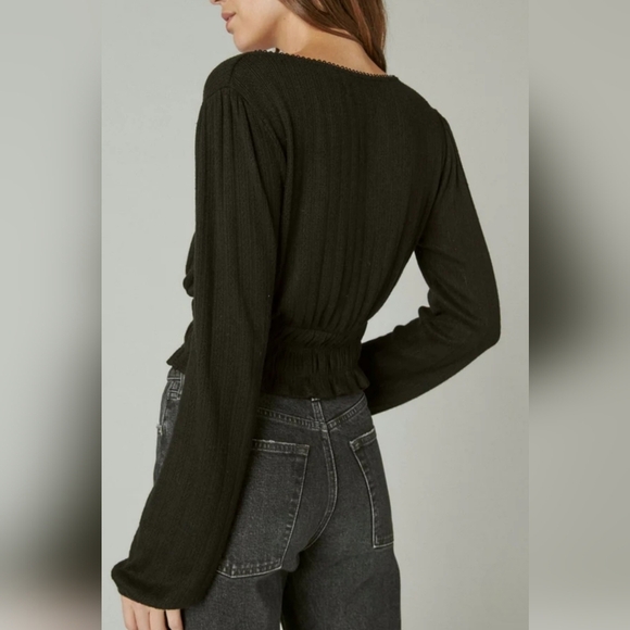 Lucky Brand Pointelle-Trim Surplice Top Jet Black XL New - Picture 4 of 10